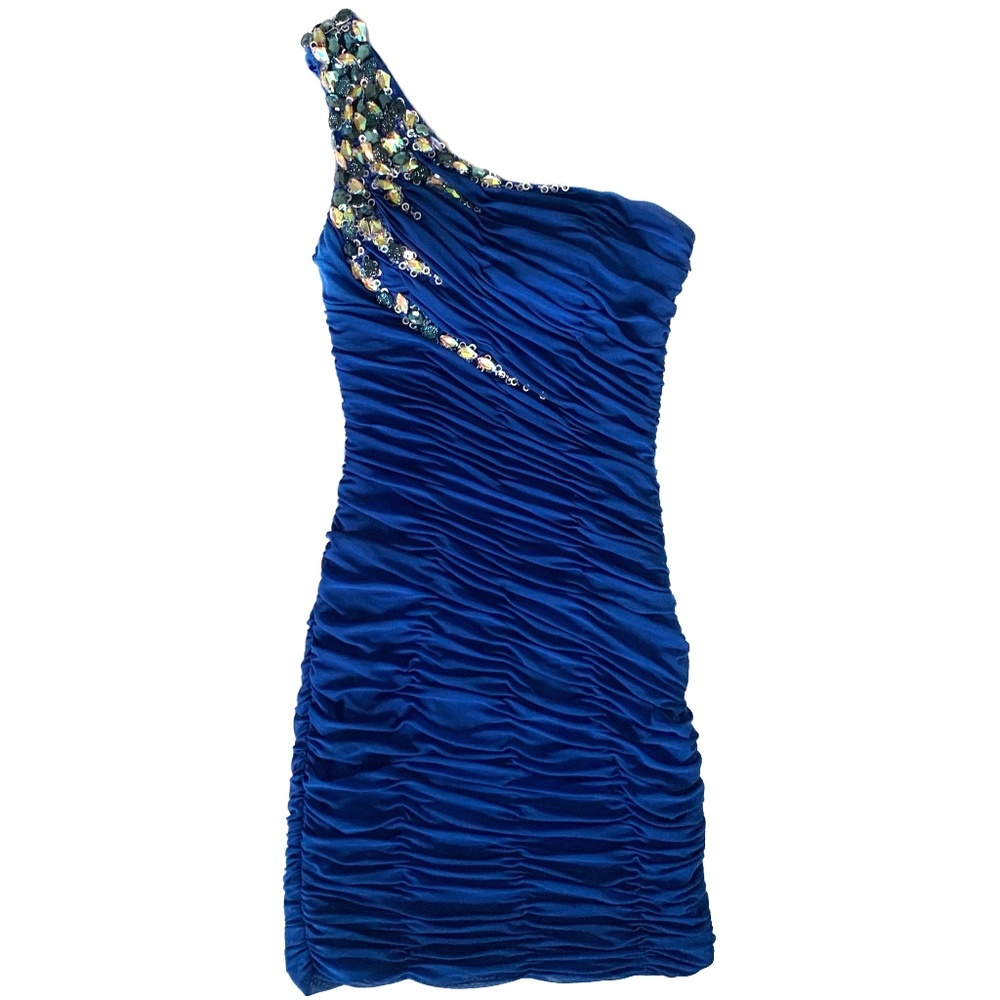 Cindy Collection USA Blue Bejeweled Rhinestone Mini Bodycon Dress Size XS (EUC)